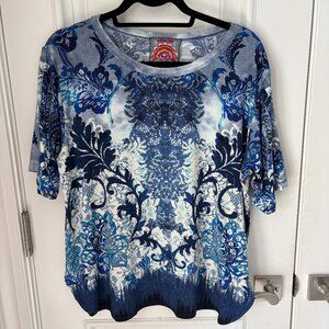 Blue and white print Johnny Was short sleeve top